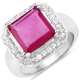 6.36 Carat   Ruby and White Topaz .925 Sterling Silver Ring