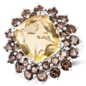 8.95 Carat Genuine Citrine and Smoky Quartz .925 Sterling Silver Ring