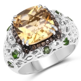 4.13 Carat Genuine Citrine, Chrome Diopside & Champagne Diamond .925 Sterling Silver Ring