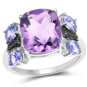 5.53 Carat Genuine Amethyst, Tanzanite & White Topaz .925 Sterling Silver Ring