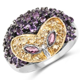 2.01 Carat Genuine Rhodolite and Amethyst .925 Sterling Silver Ring