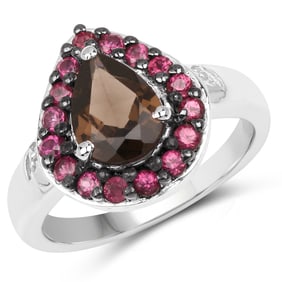 2.47 Carat Genuine Smoky Quartz and Rhodolite .925 Sterling Silver Ring