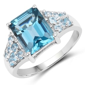 4.39 Carat Genuine London Blue Topaz and Swiss Blue Topaz .925 Sterling Silver Ring