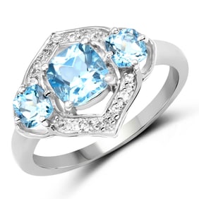 1.91 Carat Genuine Swiss Blue Topaz and White Topaz .925 Sterling Silver Ring
