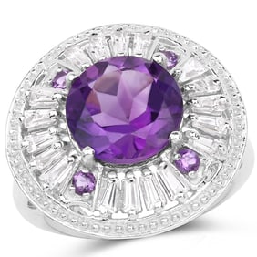 5.58 Carat Genuine Amethyst and White Topaz .925 Sterling Silver Ring