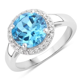 3.04 Carat Genuine London Blue Topaz and Diamond, .925 Sterling Silver Ring