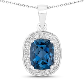 2.84 Carat Genuine Swiss Blue Topaz and Diamond, .925 Sterling Silver Pendant