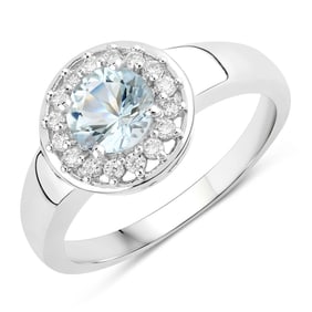 0.91 Carat Genuine Aquamarine and Diamond, .925 Sterling Silver Ring