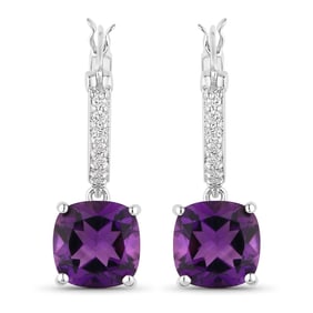 3.78 Carat Genuine Amethyst and Diamond, .925 Sterling Silver Earrings