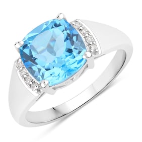 3.73 Carat Genuine Swiss Blue Topaz and Diamond, .925 Sterling Silver Ring