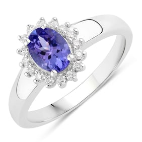 0.91 Carat Genuine Tanzanite and Diamond, .925 Sterling Silver Ring