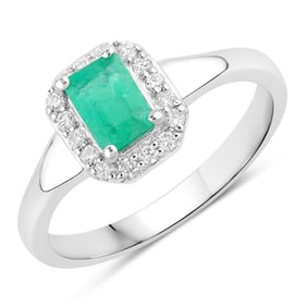 0.71 Carat Genuine Zambian Emerald and Diamond, .925 Sterling Silver Ring