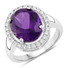 4.08 Carat Genuine Amethyst and Diamond, .925 Sterling Silver Ring