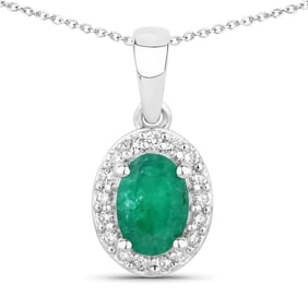 0.93 Carat Genuine Zambian Emerald and Diamond, .925 Sterling Silver Pendant