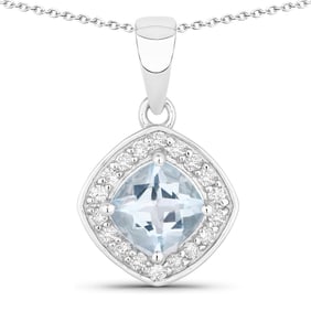 0.93 Carat Genuine Aquamarine and Diamond, .925 Sterling Silver Pendant