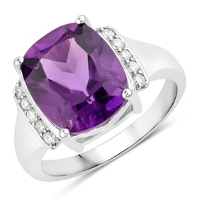 4.34 Carat Genuine Amethyst and Diamond, .925 Sterling Silver Ring