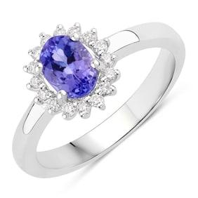 0.91 Carat Genuine Tanzanite and Diamond, .925 Sterling Silver Ring