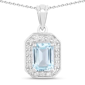 0.98 Carat Genuine Aquamarine and Diamond, .925 Sterling Silver Pendant