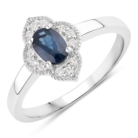 0.60 Carat Genuine Blue Sapphire and Diamond, .925 Sterling Silver Ring