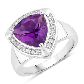 2.91 Carat Genuine Amethyst and Diamond, .925 Sterling Silver Ring