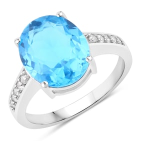 5.29 Carat Genuine Swiss Blue Topaz and Diamond, .925 Sterling Silver Ring