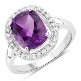2.88 Carat Genuine Amethyst and Diamond, .925 Sterling Silver Ring
