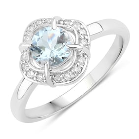 0.91 Carat Genuine Aquamarine and Diamond, .925 Sterling Silver Ring