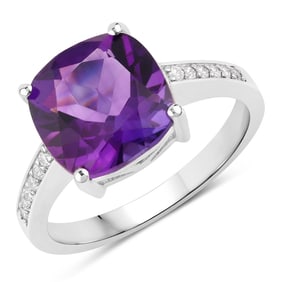 3.22 Carat Genuine Amethyst and Diamond, .925 Sterling Silver Ring