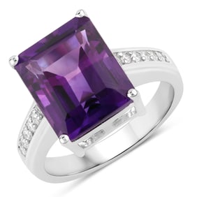 4.79 Carat Genuine Amethyst and Diamond, .925 Sterling Silver Ring