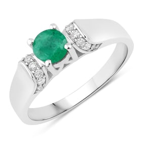 0.56 Carat Genuine Zambian Emerald and Diamond, .925 Sterling Silver Ring
