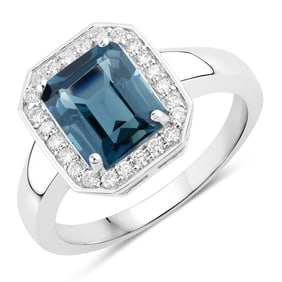 3.04 Carat Genuine London Blue Topaz and Diamond, .925 Sterling Silver Ring