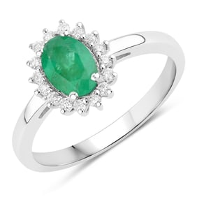 0.88 Carat Genuine Zambian Emerald and Diamond, .925 Sterling Silver Ring