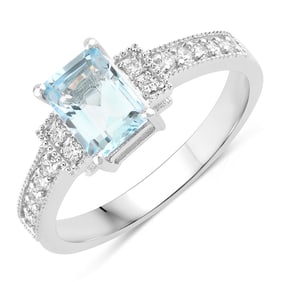 0.98 Carat Genuine Aquamarine and Diamond, .925 Sterling Silver Ring