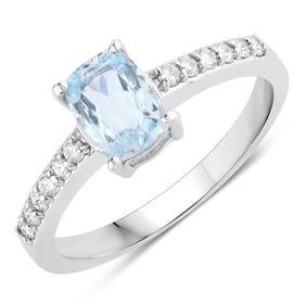 0.97 Carat Genuine Aquamarine and Diamond, .925 Sterling Silver Ring