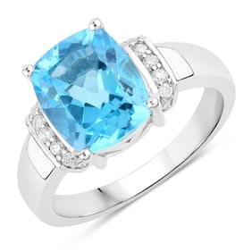 3.64 Carat Genuine Swiss Blue Topaz and Diamond, .925 Sterling Silver Ring