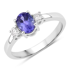 0.87 Carat Genuine Tanzanite and Diamond, .925 Sterling Silver Ring