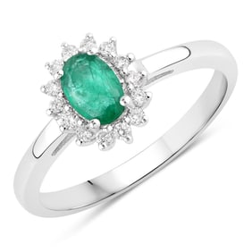 0.58 Carat Genuine Zambian Emerald and Diamond, .925 Sterling Silver Ring