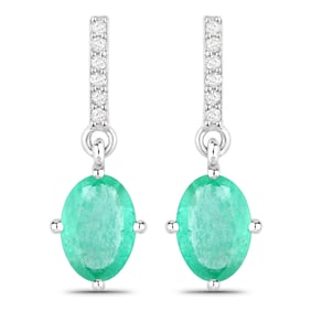 1.49 Carat Genuine Zambian Emerald and White Diamond   White Gold Earrings