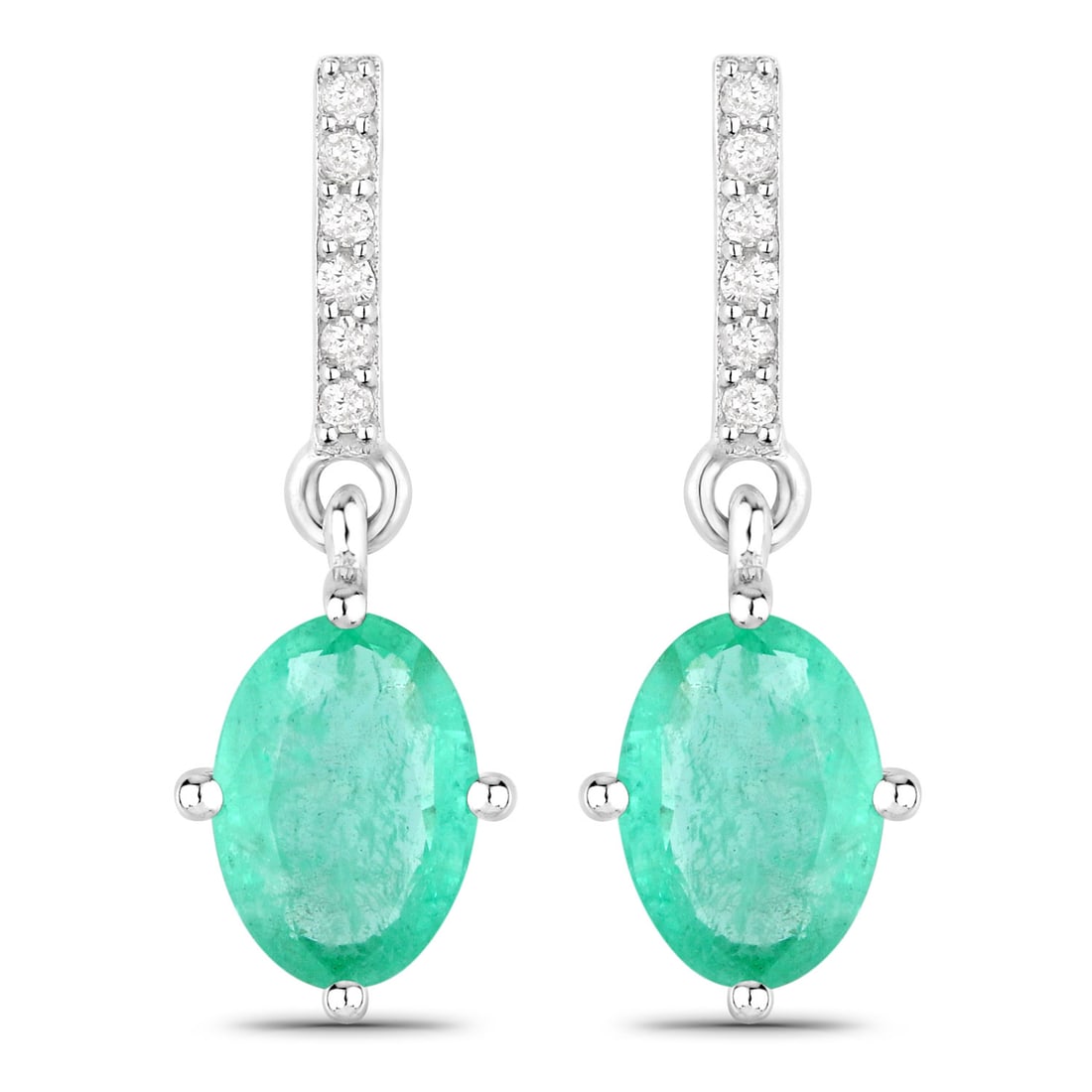 1.49 Carat Genuine Zambian Emerald and White Diamond   White Gold Earrings
