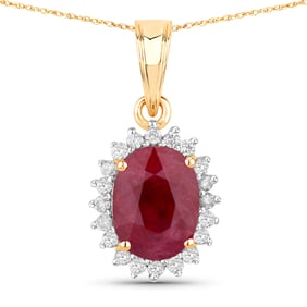 1.60 Carat Genuine Ruby and White Diamond   Yellow Gold Pendant, 18.00 Inches