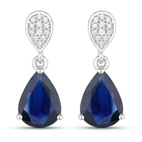 2.76 Carat Genuine Blue Sapphire and White Diamond   White Gold Earrings