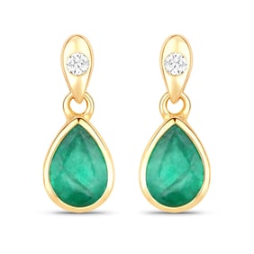 1.35 Carat Genuine Zambian Emerald and White Diamond   Yellow Gold Earrings
