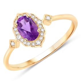 0.46 Carat Genuine Amethyst and White Diamond   Yellow Gold Ring, Size 7