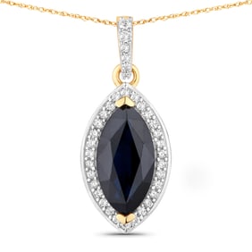 2.27 Carat Genuine Blue Sapphire and White Diamond   Yellow Gold Pendant, 18.00 Inches