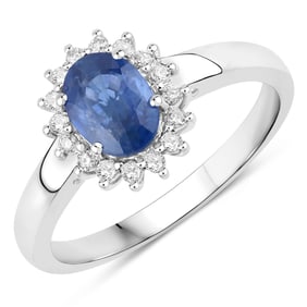 1.11 Carat Genuine Blue Sapphire and White Diamond   White Gold Ring, Size 7