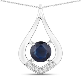 1.24 Carat Genuine Blue Sapphire and White Diamond   White Gold Pendant, 18.00 Inches