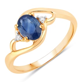 0.98 Carat Genuine Blue Sapphire and White Diamond   Yellow Gold Ring, Size 7