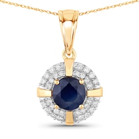 1.71 Carat Genuine Blue Sapphire and White Diamond   Yellow Gold Pendant, 18.00 Inches