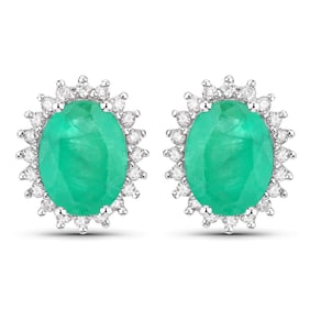 2.66 Carat Genuine Zambian Emerald and White Diamond   White Gold Earrings