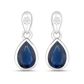 1.65 Carat Genuine Blue Sapphire and White Diamond   White Gold Earrings